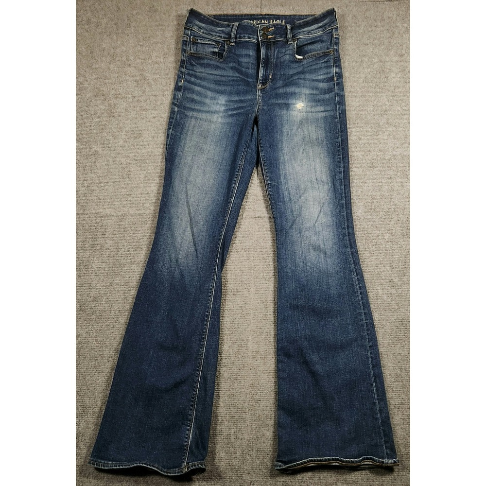 American Eagle Jeans Womens 10 Artist Flare Blue Distressed Double Button